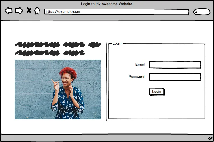 login form at left, model pointing to right